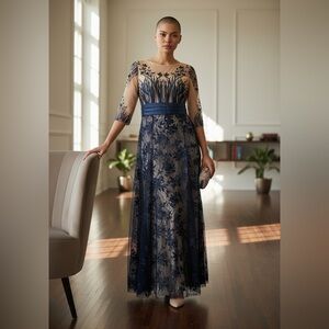 Metisu Navy and Cream Beaded Embroidered Floral Midi Lace Dress